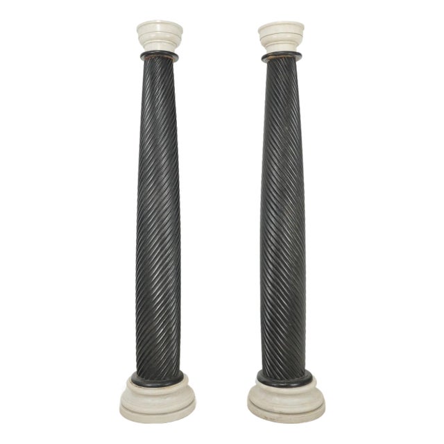 Pair of Vintage Ebonized Wood & White Marble Columns For Sale