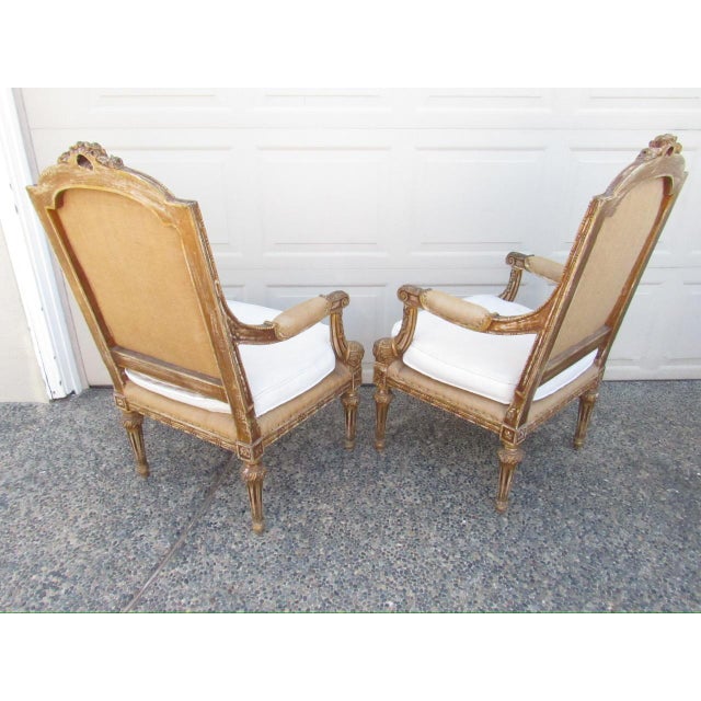Pair of Antique French Louis XVI Style Giltwood Armchairs For Sale - Image 4 of 18