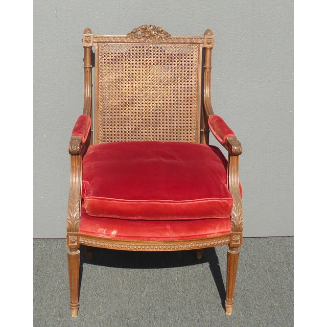 Vintage Carved Mahogany & Cane Red Velvet Goose Down Chair ~ Louis Bulloni & Son. Gorgeous Chair in Great Vintage...