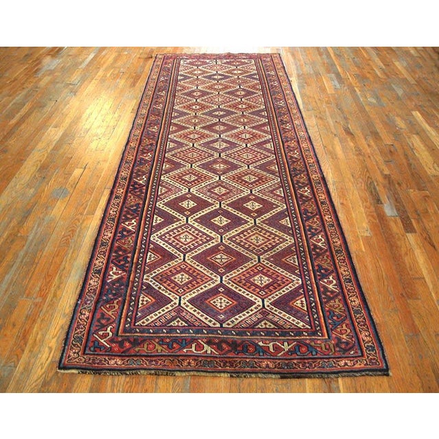 Late 19th Century S.E. Persian Afshar Carpet ( 4' x 12'2" - 122 x 370 ) Antique Afshar Hallway Runner Wool Multicolor Rug,...