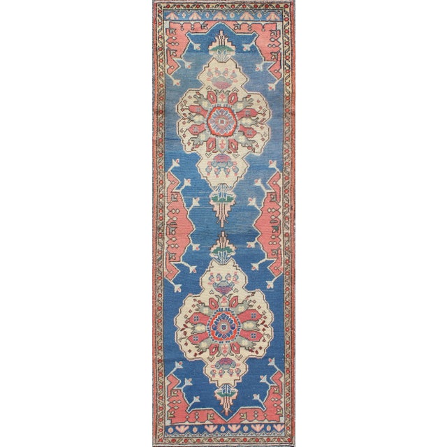 Grand Dual Medallion Oushak Vintage Runner From Turkey in Red and Blue For Sale - Image 9 of 9