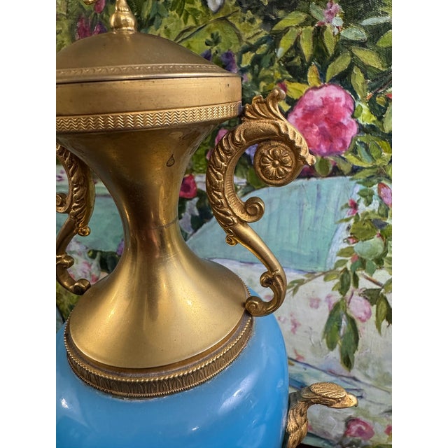 Pair Antique French Blue Opaline Urns With Ormolu Mounts Cherub Finials Eagle Handles 19th Century For Sale - Image 13 of 15