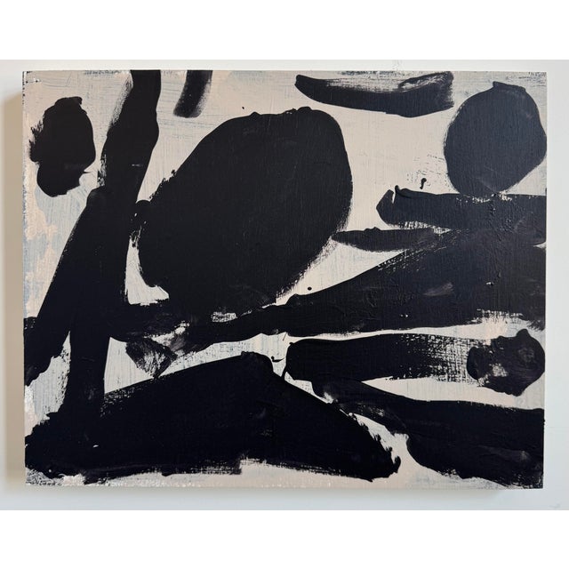 This piece is an abstract composition of bold black brushstrokes layered across a pale, textured background. The painting...