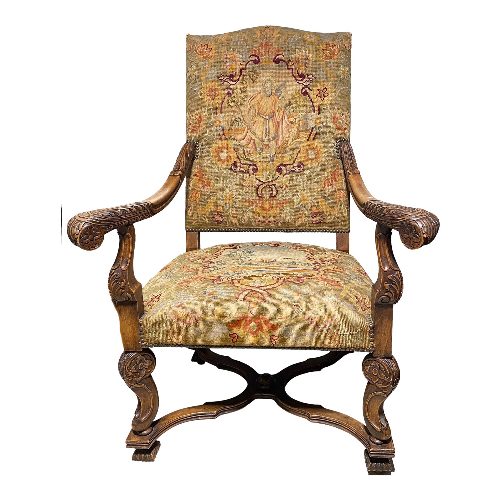 19th C English Jacobean Style Chair Upholstered With Petit Point