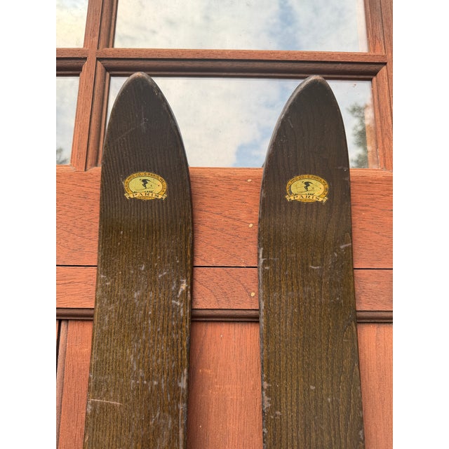 Antique Paris Mfg. Co. Wooden Skis – South Paris, Maine – Vintage Downhill Skis With Original Metal Bindings – Rustic Ski Lodge Wall Decor For Sale - Image 12 of 16