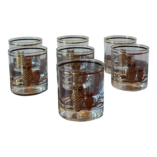 Mid 20th Century Culver Gold Owl Rocks Glasses— Set of 7 For Sale