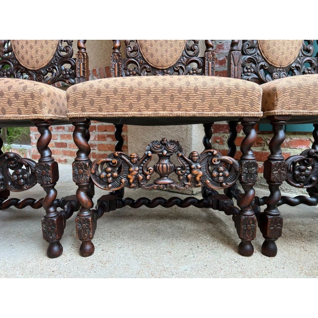 Set 4 Tall Antique French Dining Chairs Barley Twist Renaissance Carved Oak 1890 For Sale - Image 9 of 18