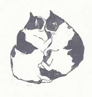 Woodblock Print of Snuggling Gray Cats by Michelle Farro