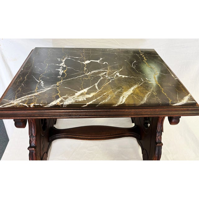 Wood 1940's Carved Lyre Leg With Eagle Details Side Table With Emperador Marble Top For Sale - Image 7 of 12