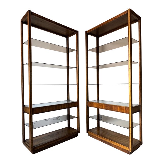 Pair of 1970s Mid-Century Modern Six-Tier Étagères With Smoked Glass Shelves/ Sold For Sale