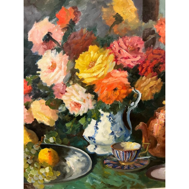 Floral and Fruit Still Life Painting Edith Gert (Denmark,1906-1970) Original Oil on Canvas For Sale - Image 4 of 6
