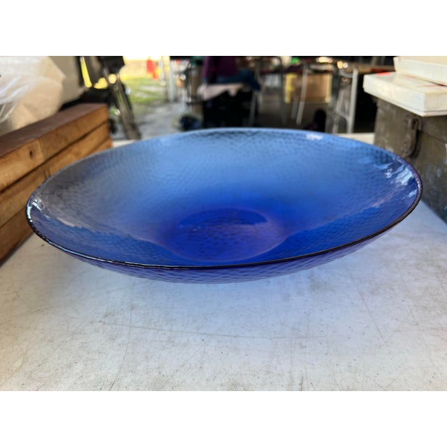 Murano Vintage Large 15” Cobalt Blue Glass Texured Bowl for Serving or Decorating For Sale - Image 4 of 8