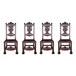 19th Century Set of Four French Carved Walnut Turned Wood Chairs with Claw Feet For Sale