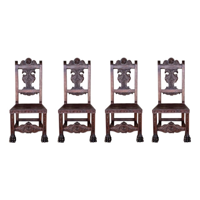 19th Century Set of Four French Carved Walnut Turned Wood Chairs with Claw Feet For Sale