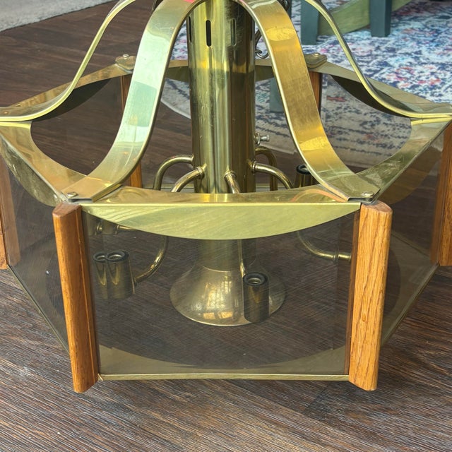 Mid-Century Modern Mid-Century Modern Vintage Fredrick Ramond Brass Chandelier With Oak Accents Circa 1984 For Sale - Image 3 of 8
