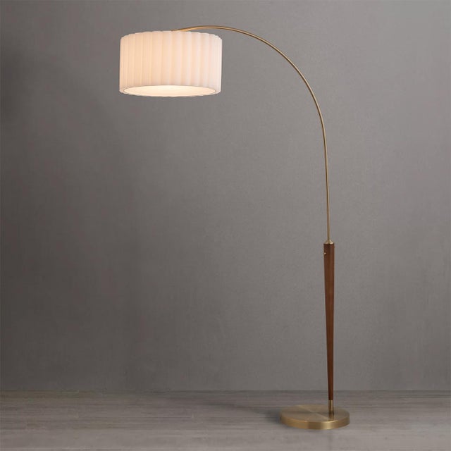 Nova of California 1970s Walnut Scalloped Arc Floor Lamp - Weathered Brass, White Linen, Diffuser, Dimmer For Sale - Image 4 of 7