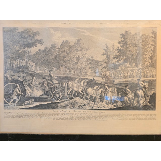 Rustic European Mid 18th Century Antique Johann Elias Ridinger Engraving-"The Arrival of the Prince at the Rendezvous", Framed For Sale - Image 3 of 4
