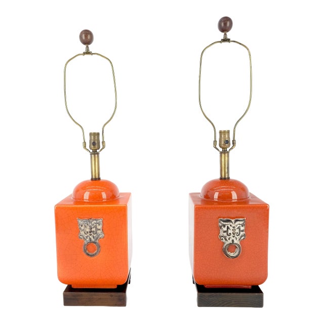 Pair of Red Ceramic Square Cube Shape Table Lamps c1960s Bracket Feet For Sale