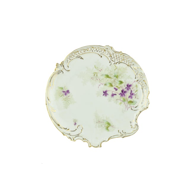Victorian Early 20th Century Bavaria Hand Painted Floral With Pierced Edge and Gold Accent Trim Plates Set - 13 PCS For Sale - Image 3 of 9