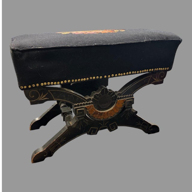 Antique Victorian Ebonized Aesthetic Footstool With Floral Needlepoint Seat In good original condition showing some...