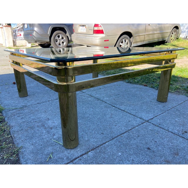 Brass Vintage Mid Century Modern Milo Baughman Style Brass & Glass Coffee Table For Sale - Image 8 of 12