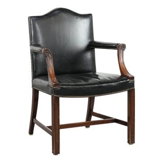 Antique English Gainsborough Chair in Wood and Black Cowhide For Sale