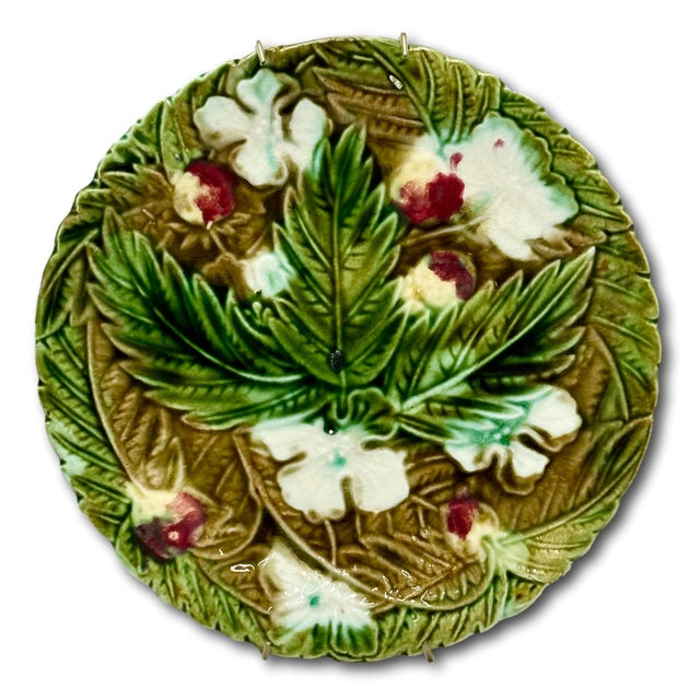 Beautiful Antique Victorian Majolica Dish With Bracket for Wall Plate Hanging Display Circa 1880s - Nice Colors For Sale - Image 11 of 17