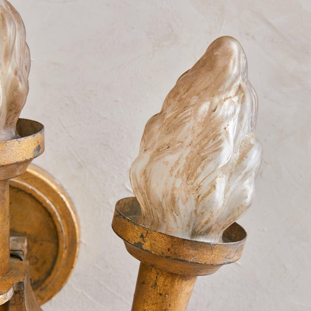 1960s 1960s French Gilt Metal Torch Sconces with Glass Shades No. 01 - a Pair For Sale - Image 5 of 6