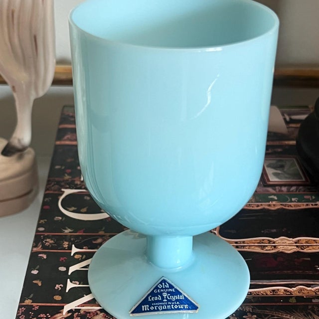 Glass 1930s Pretty set of 7 Morgantown Turquoise blue opaline water or wine glasses // Lead crystal // french blue glasses // original label For Sale - Image 7 of 8