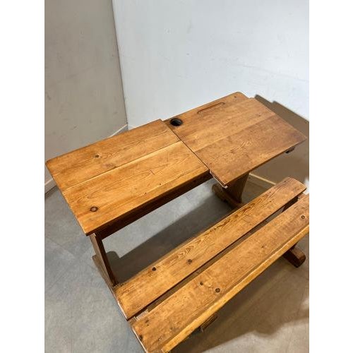 Authentic vintage school desk with attached bench in solid pine wood. A beautiful nostalgic classroom piece with great...