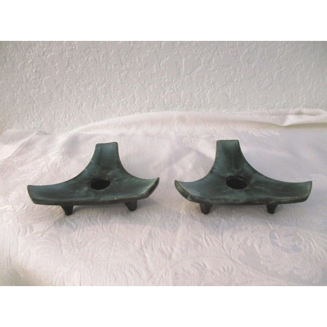 Ceramic Mid-Century Blue Mountain Green Drip Glaze Candle Holders - a Pair For Sale - Image 7 of 7