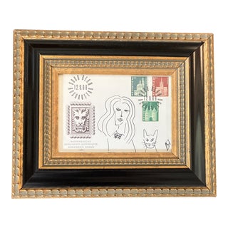 Contemporary Original Judy Henn Abstract Ink Drawing/Collage “First Day With Cats” Framed For Sale