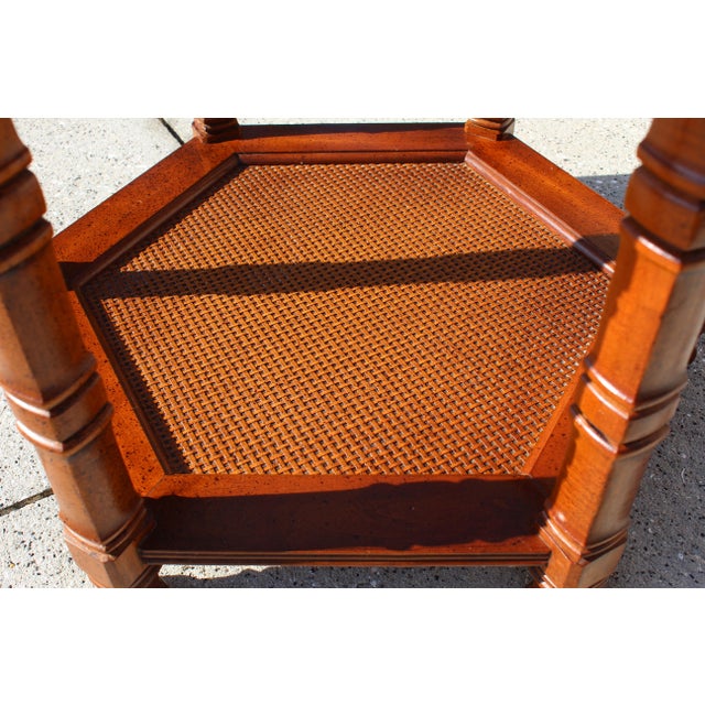 Mid-Century Modern Hexagonal Walnut Side Table With Glass Top & Cane Shelf – Vintage 1960s Accent Table Usa Made For Sale - Image 9 of 12