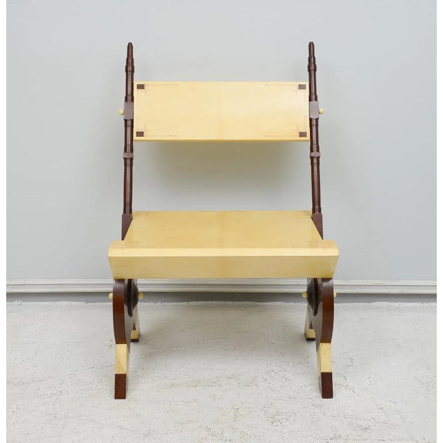 Modern Pair of Carlo Bugatti Inspired Handcrafted Parchment and Mahogany Chairs For Sale - Image 3 of 12