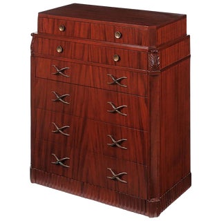 Grosfeld House Figured and Carved Mahogany Tall Chest For Sale