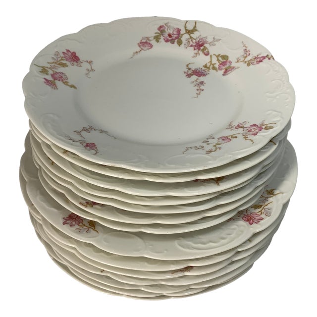 Vintage French Limoges Plate Setting Service for 7 - Pink Spray of Flowers on White Porcelain - 14 Pieces For Sale