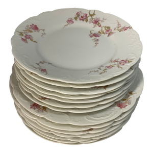 Vintage French Limoges Plate Setting Service for 7 - Pink Spray of Flowers on White Porcelain - 14 Pieces