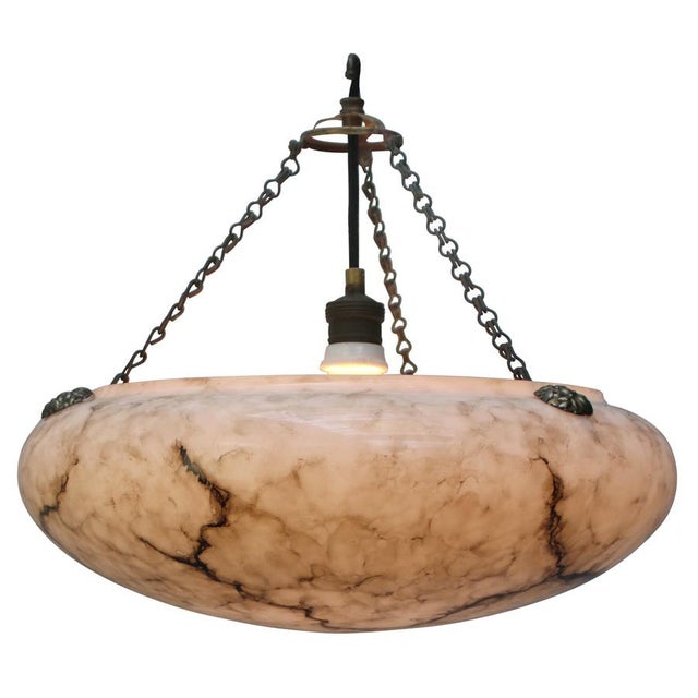Art Deco Pendant Lamp in Brass and White Grey Marble Painted Glass, France, 1920s For Sale - Image 3 of 7