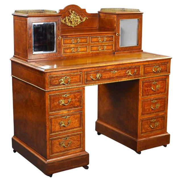 Victorian Burr Walnut and Ormolu-Mounted Pedestal Desk with Cabinet Top, 1870 For Sale - Image 18 of 18