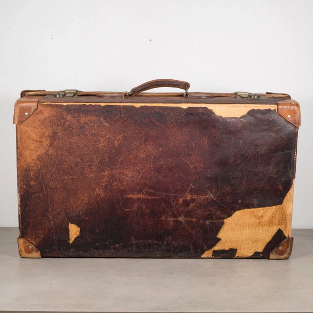 Industrial Distressed Leather Suitcase With Brass Locks C.1940 For Sale - Image 3 of 8