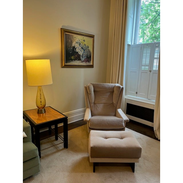 Vintage Wingback Lounge Chair and Custom Ottoman Reupholstered in Pollack Fabric For Sale - Image 11 of 11