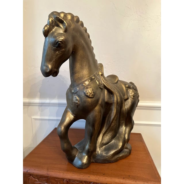Chinese Large Chinese Horse Statue in Tang Dynasty Style, Bronze Painted Plaster Statue 1980s For Sale - Image 3 of 12
