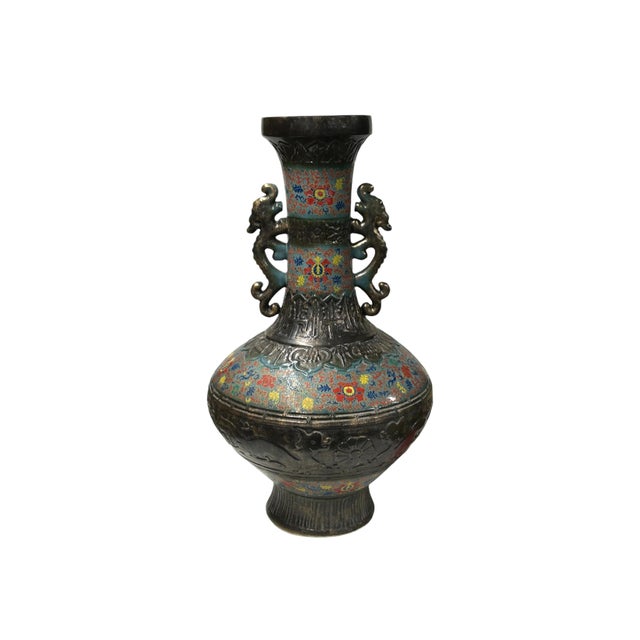 Asian Orient Bronze Glaze Dragon Handle Color Floral Motif Ceramic Vase For Sale - Image 3 of 15