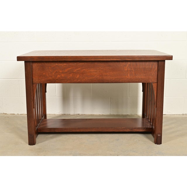 Imperial Furniture Grand Rapids Antique Mission Oak Arts & Crafts Writing Desk or Library Table, Newly Refinished For Sale - Image 10 of 12