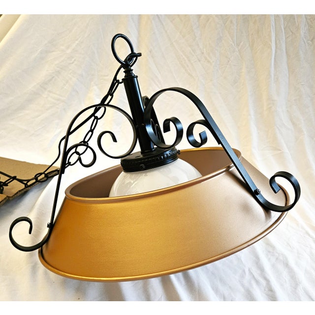 Shabby Chic Wrought Iron + Enameled Steel & Glass Globe Swag Pendant, 1960's For Sale - Image 3 of 10