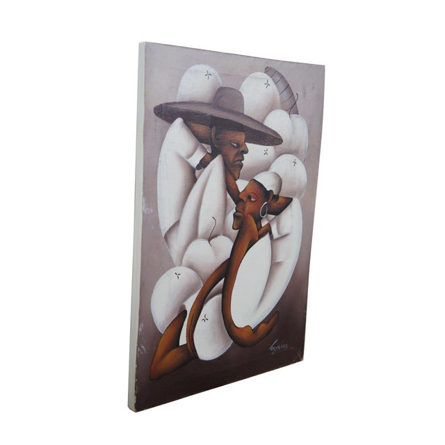 Rustic Late 20th Century Jean Bruno Louisius Haitian Figures Dressed in White Oil Painting on Canvas 15" For Sale - Image 3 of 11
