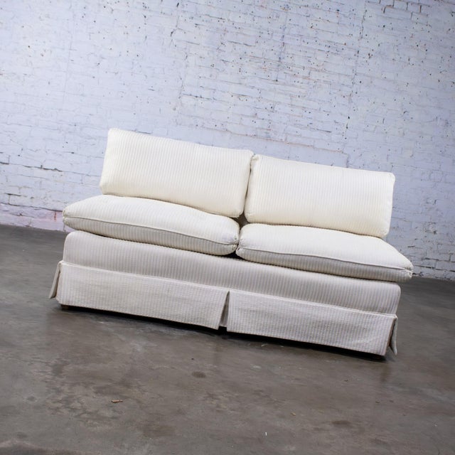 Late 20th Century MCM to Modern Slipper Style Loveseat or Armless Sofa Off White Textured Stripe Upholstery For Sale - Image 4 of 18