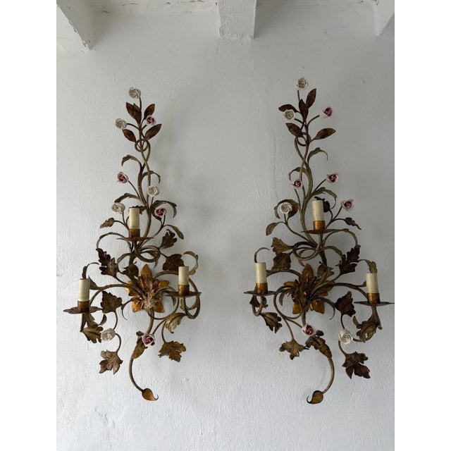 Gorgeous big set. Housing 3 lights each, sitting in gilt bulb holders. Very heavy detailed heavy leaves with beautiful...