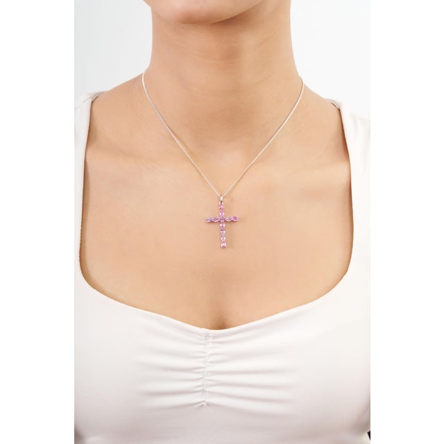 Religious Cross Pendant With 2.05ct Pink Sapphire Accents in 14k White Gold For Sale In New York - Image 6 of 13