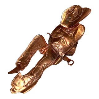 Cowboy Thin Copper Sculpture Figure Western Chaps Saddle Vintage 7.5”l Brutalist For Sale